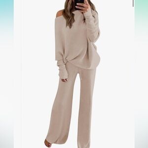 Womens Knitted Outfits 2 Pieces Sweatsuit High Neck Sweater Wide Leg Pant Set